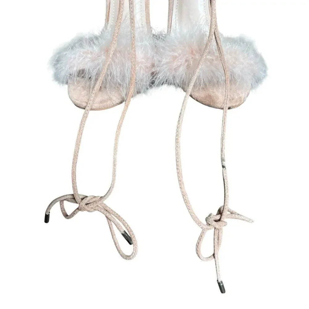 Simmi London Tan Beige Suede Stiletto Heel Feathered Sandals Size 8